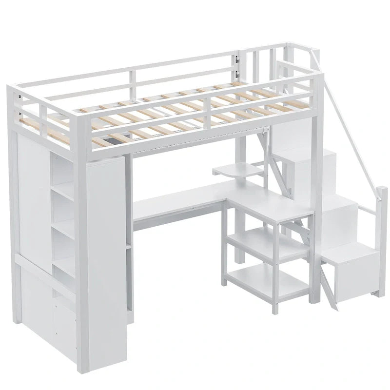 Lit mezzanine en métal avec bureau, armoire et escalier intégré – Lit simple/double