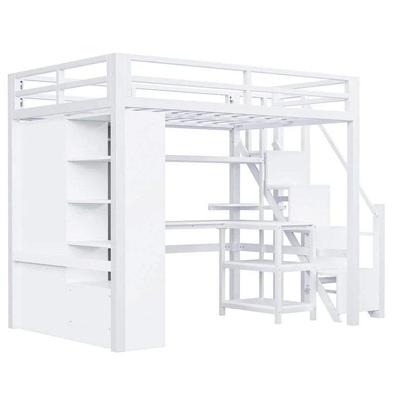 Lit mezzanine en métal avec bureau, armoire et escalier intégré – Lit simple/double