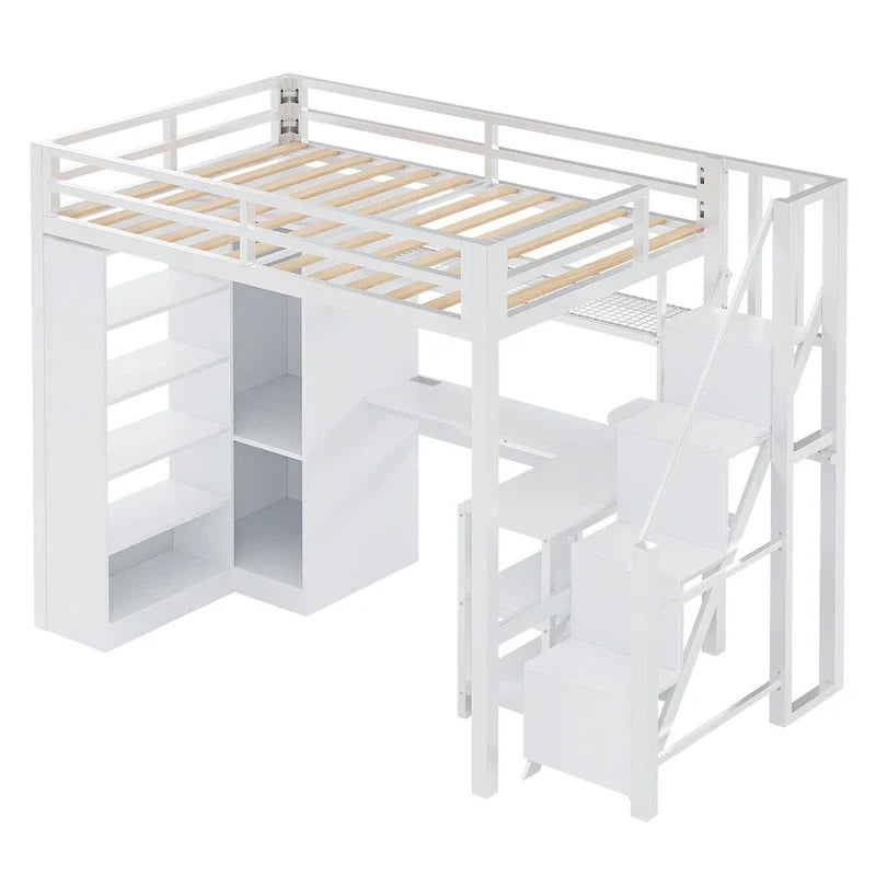 Lit mezzanine en métal avec bureau, armoire et escalier intégré – Lit simple/double