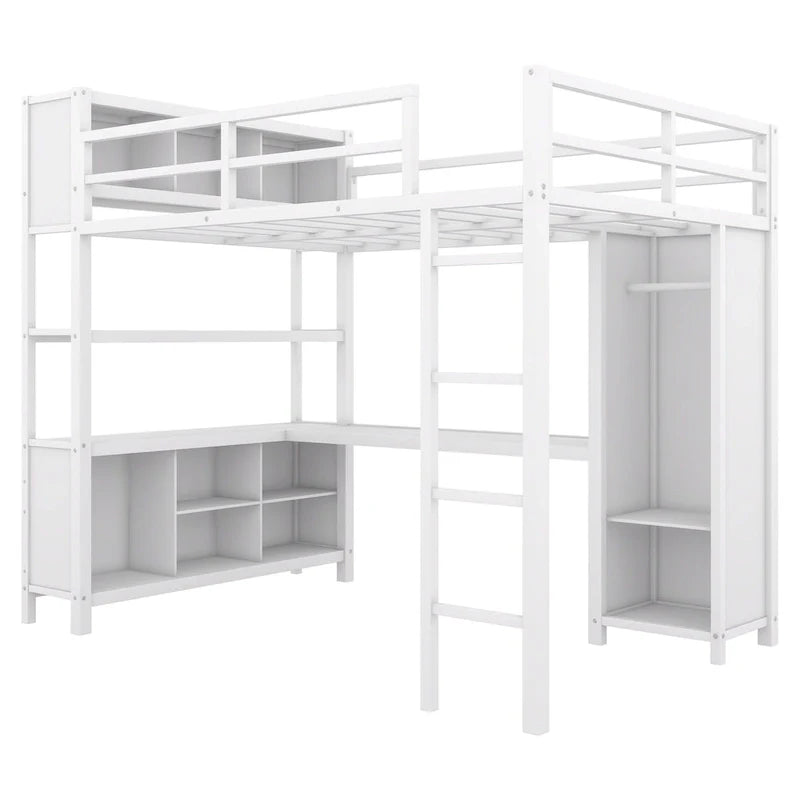 Lit mezzanine double en métal avec armoire, bureau en L et rangement