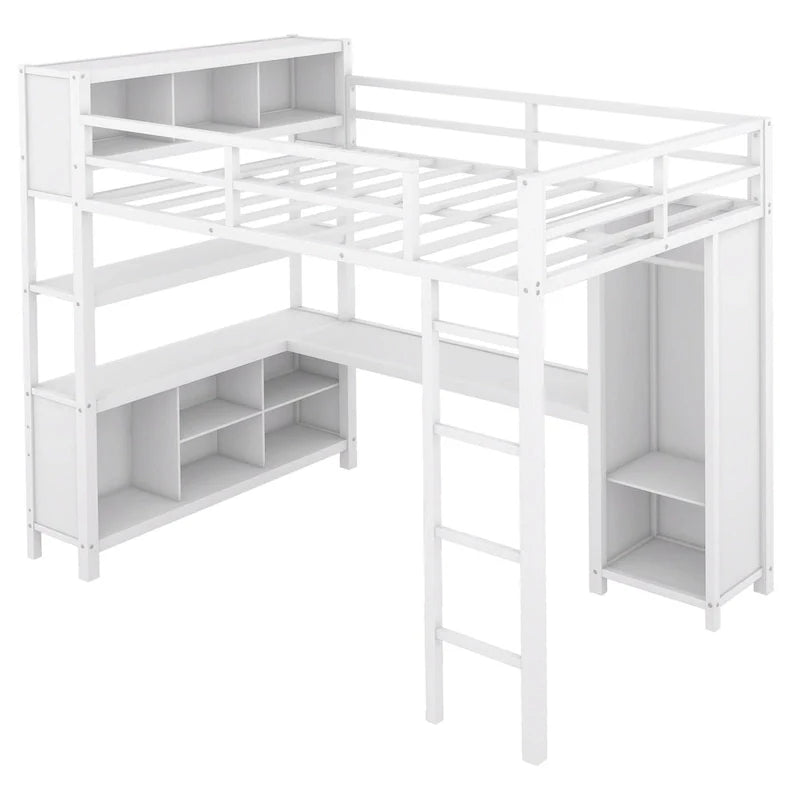 Lit mezzanine double en métal avec armoire, bureau en L et rangement
