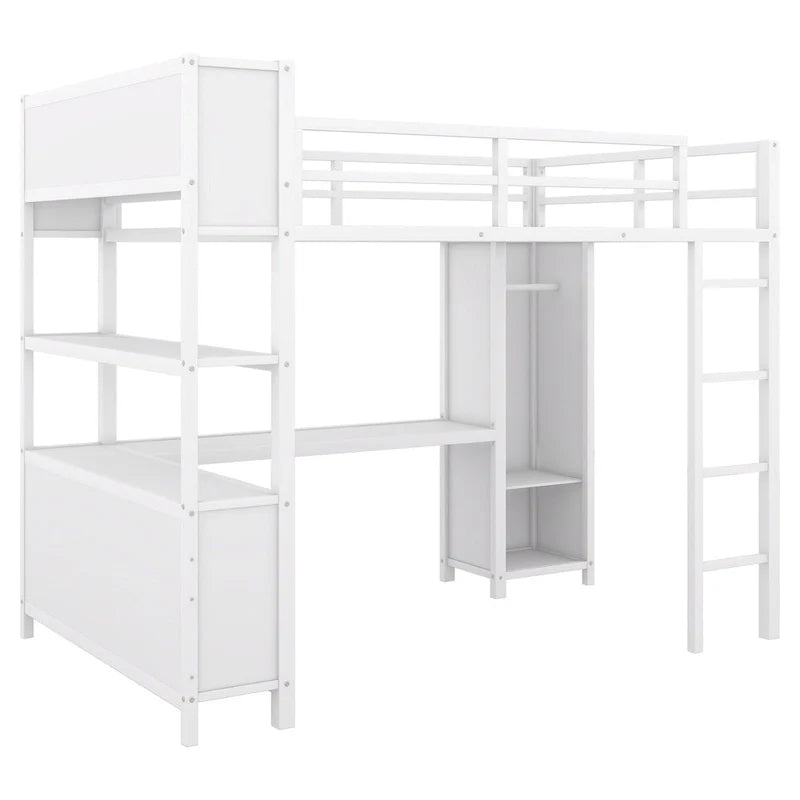 Lit mezzanine double en métal avec armoire, bureau en L et rangement