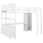 Lit mezzanine double en métal avec armoire, bureau en L et rangement