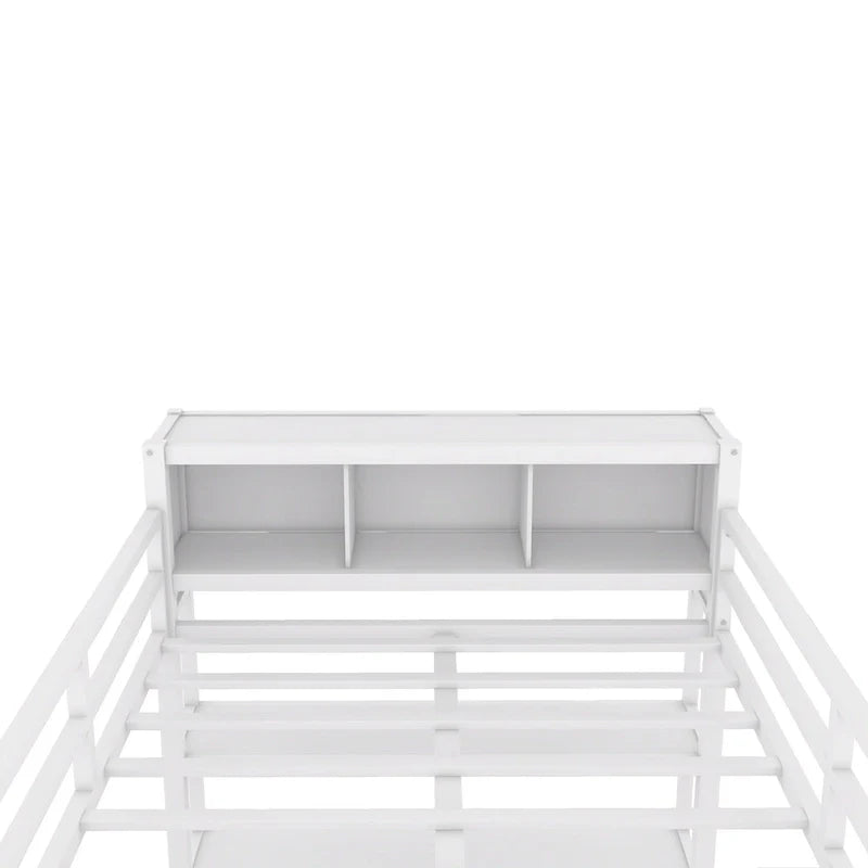 Lit mezzanine double en métal avec armoire, bureau en L et rangement