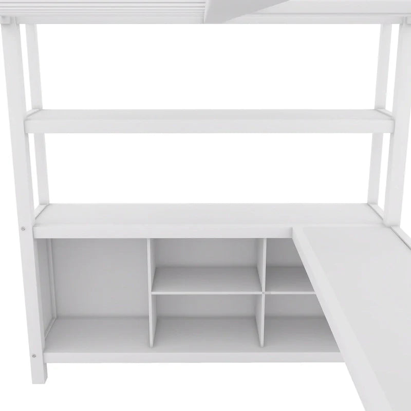 Lit mezzanine double en métal avec armoire, bureau en L et rangement