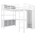 Lit mezzanine double en métal avec armoire, bureau en L et rangement