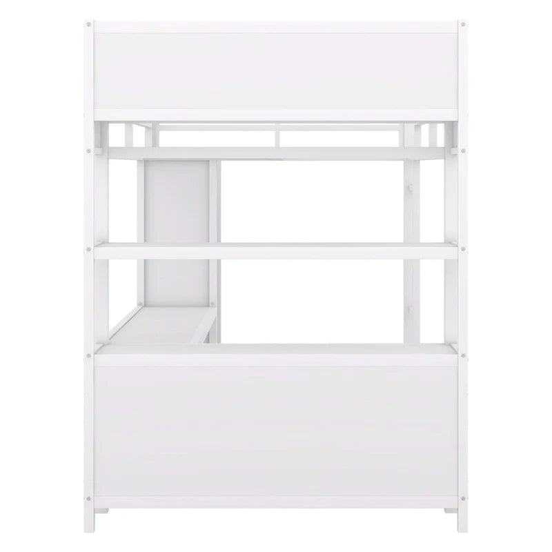 Lit mezzanine double en métal avec armoire, bureau en L et rangement
