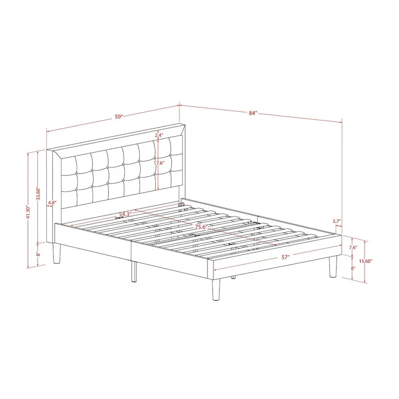 Lit plateforme - Tête de lit en tissu de lin capitonné avec garniture boutonnée - Pieds noirs