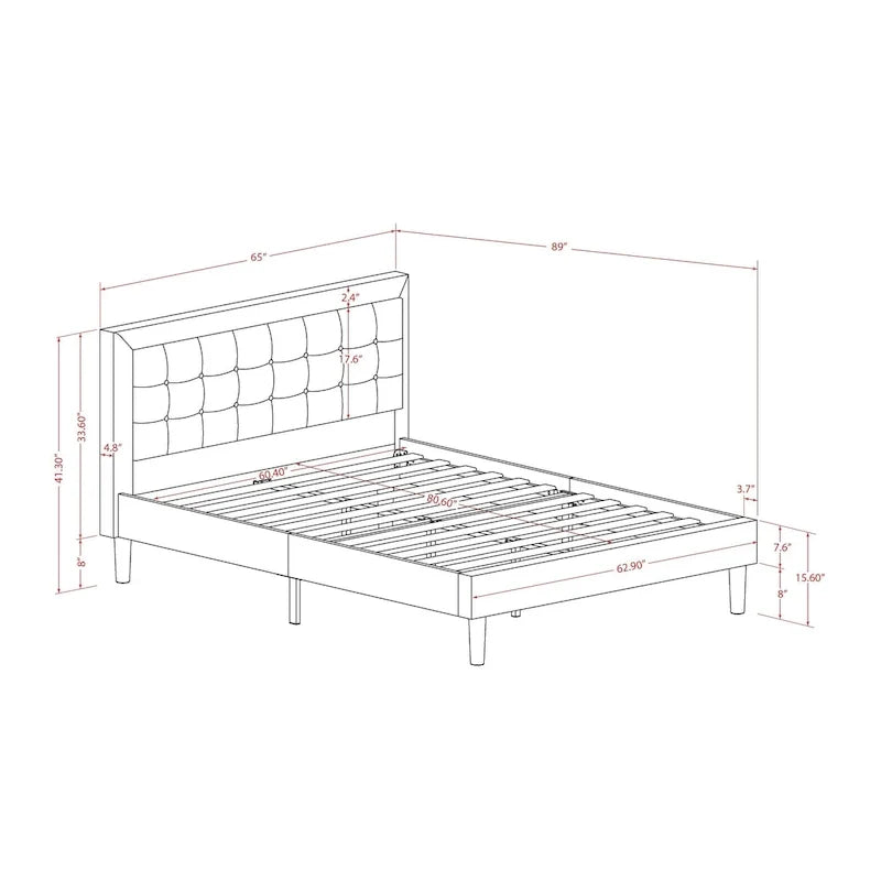 Lit plateforme - Tête de lit en tissu de lin capitonné avec garniture boutonnée - Pieds noirs
