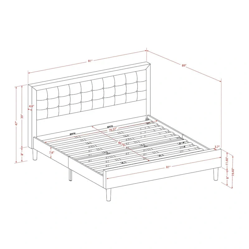 Lit plateforme - Tête de lit en tissu de lin capitonné avec garniture boutonnée - Pieds noirs