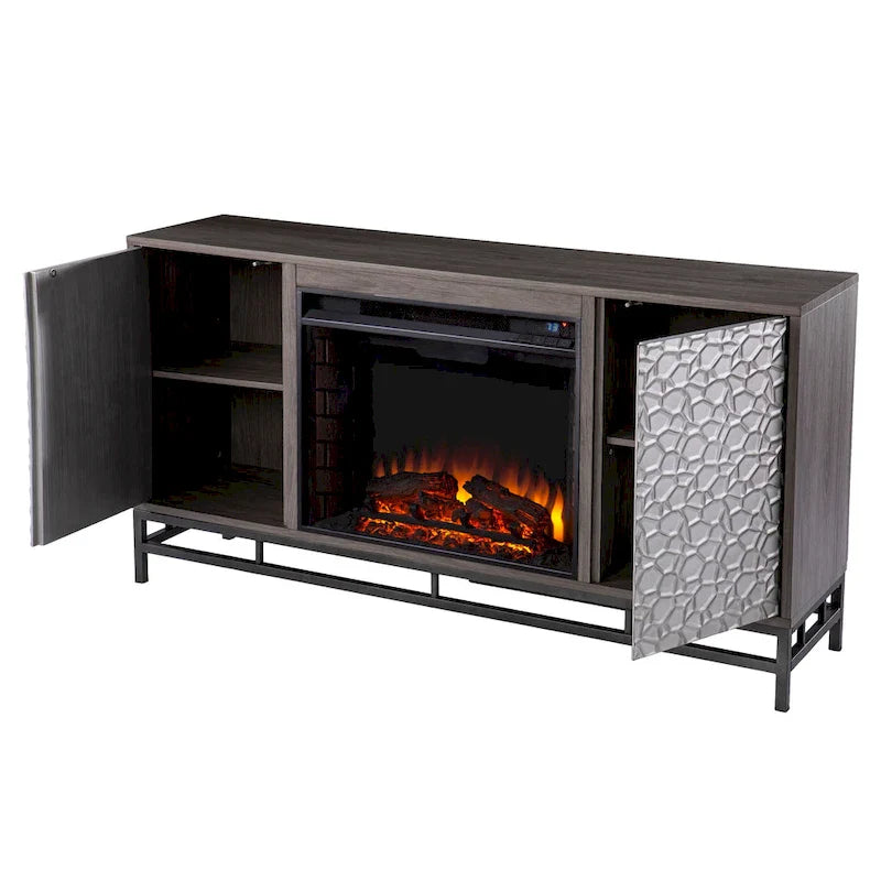 Meuble TV avec cheminée électrique en bois gris contemporain