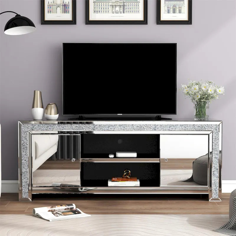 Meuble TV miroir de 59 po avec incrustation de diamants écrasés et armoires de rangement