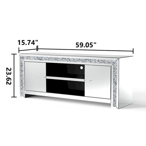 Meuble TV miroir de 59 po avec incrustation de diamants écrasés et armoires de rangement