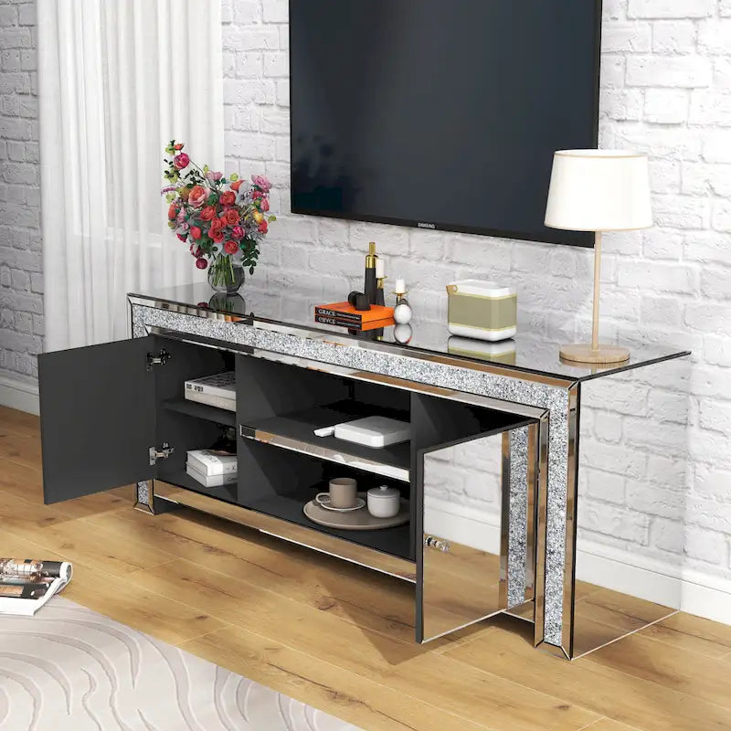Meuble TV miroir de 59 po avec incrustation de diamants écrasés et armoires de rangement