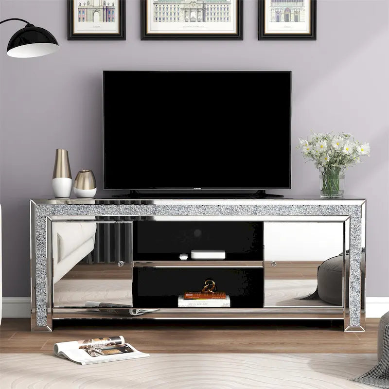 Meuble TV miroir de 59 po avec incrustation de diamants écrasés et armoires de rangement