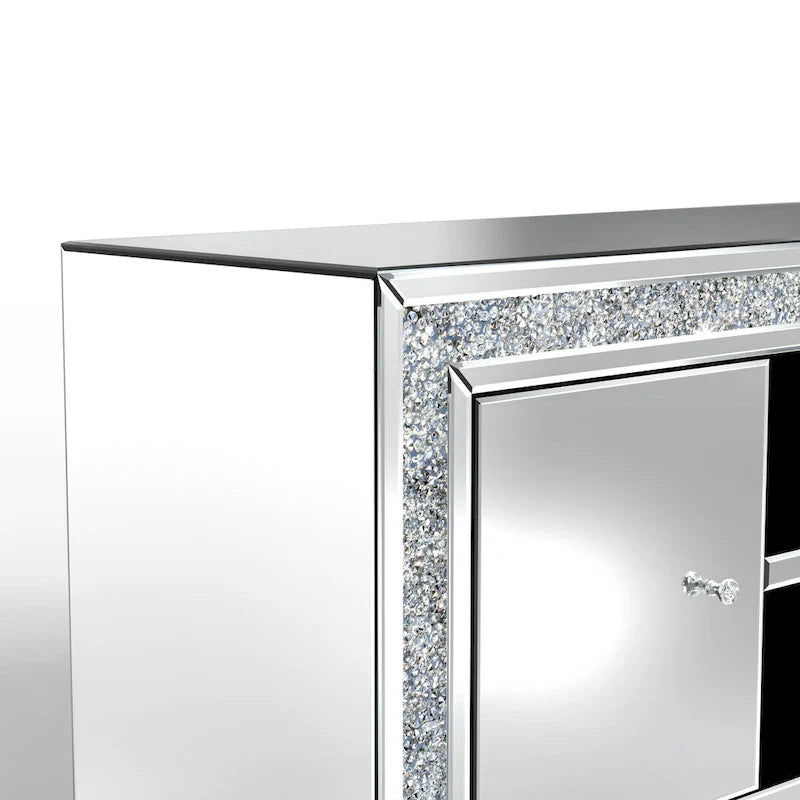 Meuble TV miroir de 59 po avec incrustation de diamants écrasés et armoires de rangement