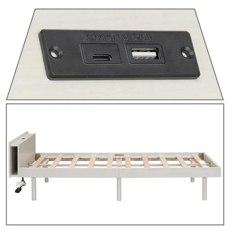 Cadre de lit plateforme en bois pour lit jumeau avec port de chargement USB